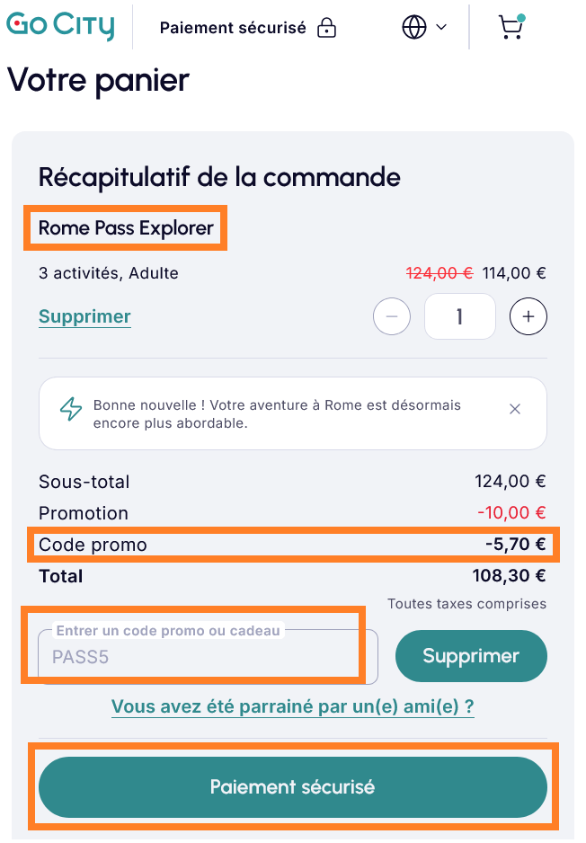 activer code promo rome explorer pass panier